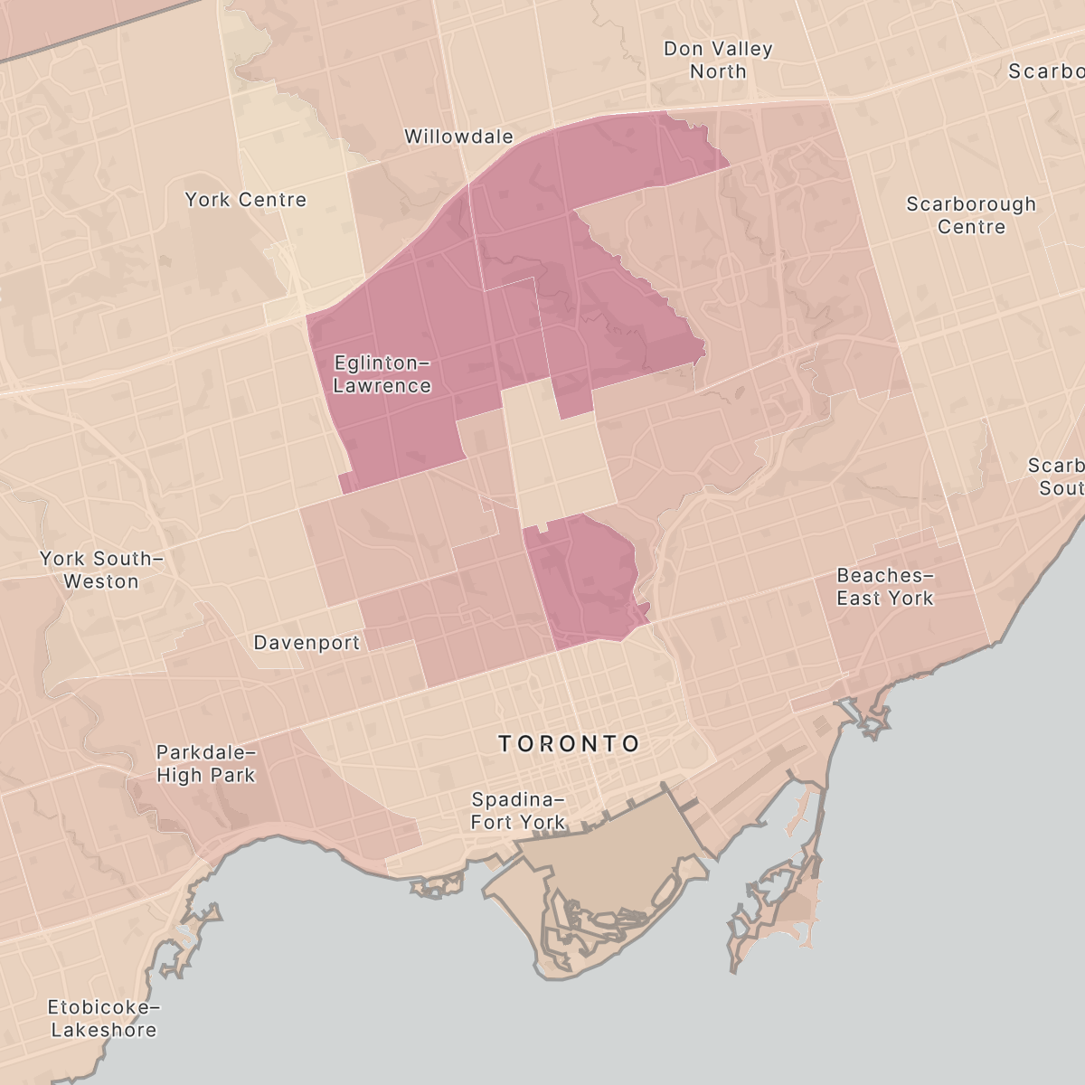 A map of toronto divided by districts, and each is coloured in shades of red and orange