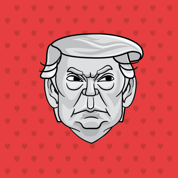 An illustration of Donald Trump's head over a red background