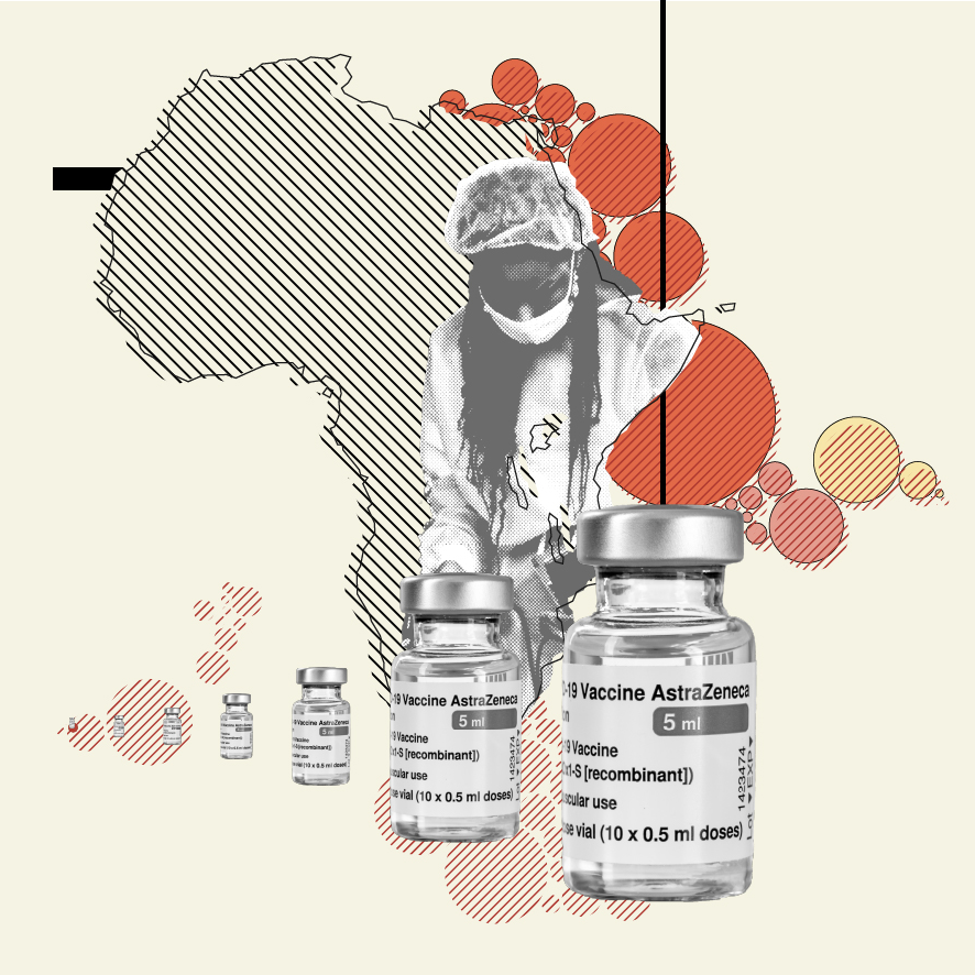 A collage showing a masked woman, the outline of the African continent and vaccine vials