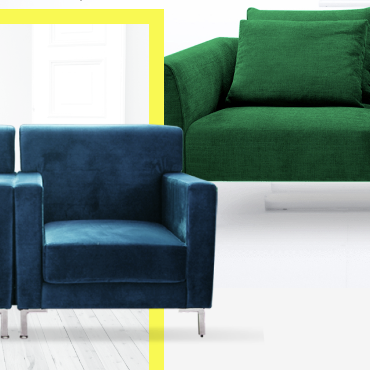 A blue and a green couch partialy appear in the frame, and there is a vertical yellow line in the background