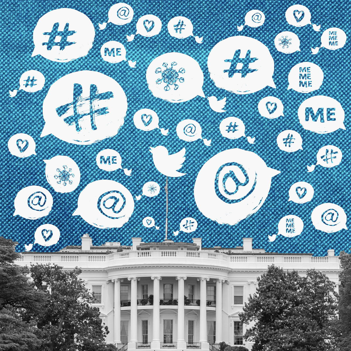 An image of the White house and the sky has images representing tweets